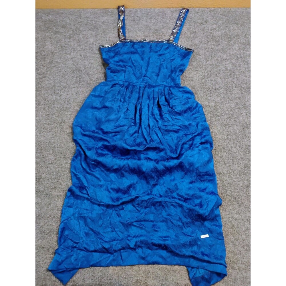 d’ore Blue 100% Silk Beaded Dress Women’s Size 10 Handkerchief Hem Formal